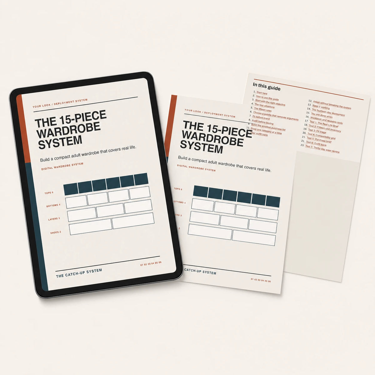 The 15-Piece Wardrobe System digital guide mockup with tablet, cover, and guide page.