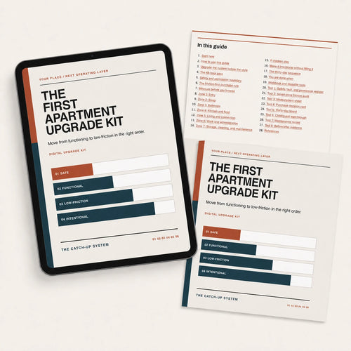 The First Apartment Upgrade Kit digital guide mockup with tablet, cover, and guide page.