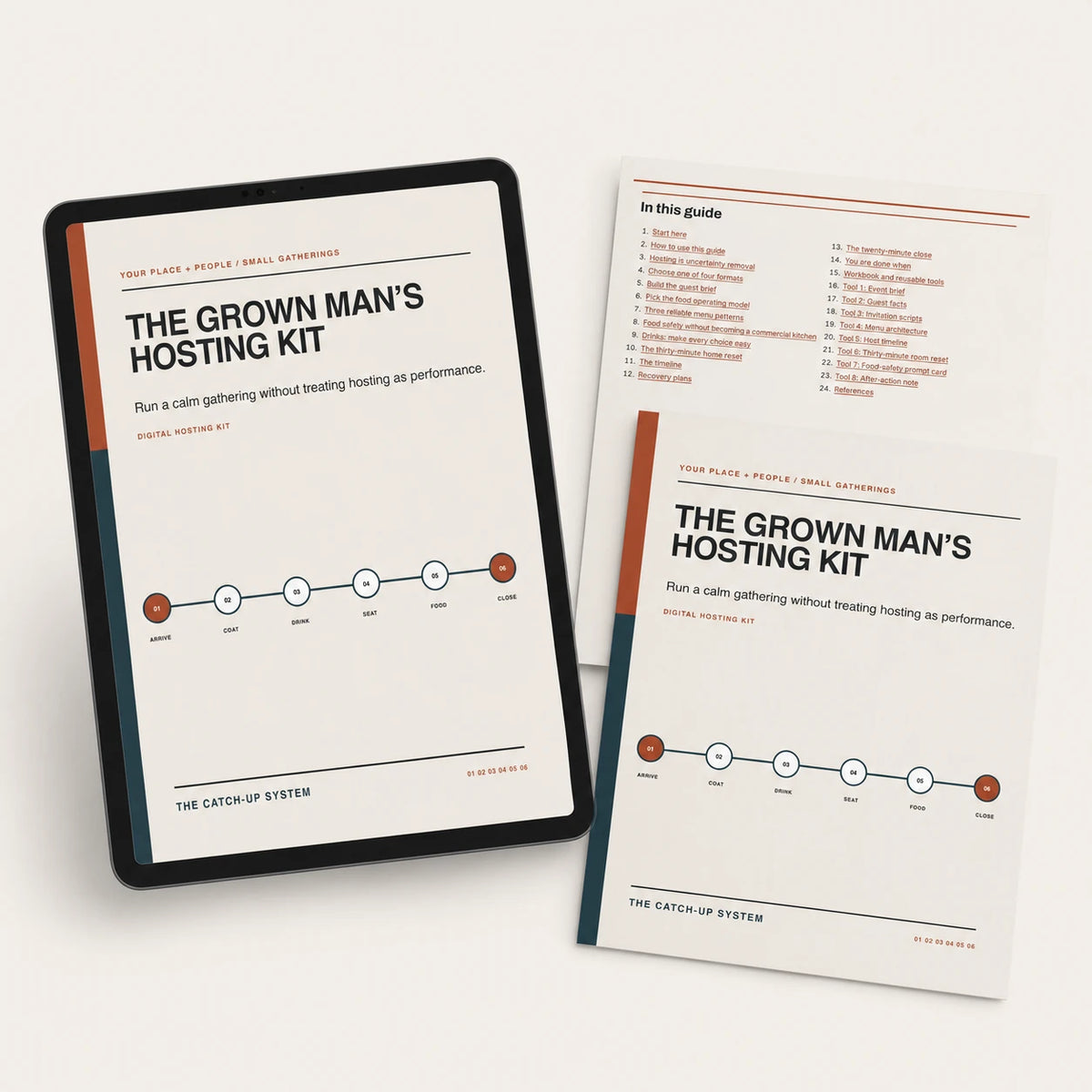 The Grown Man's Hosting Kit digital guide mockup with tablet, cover, and guide page.