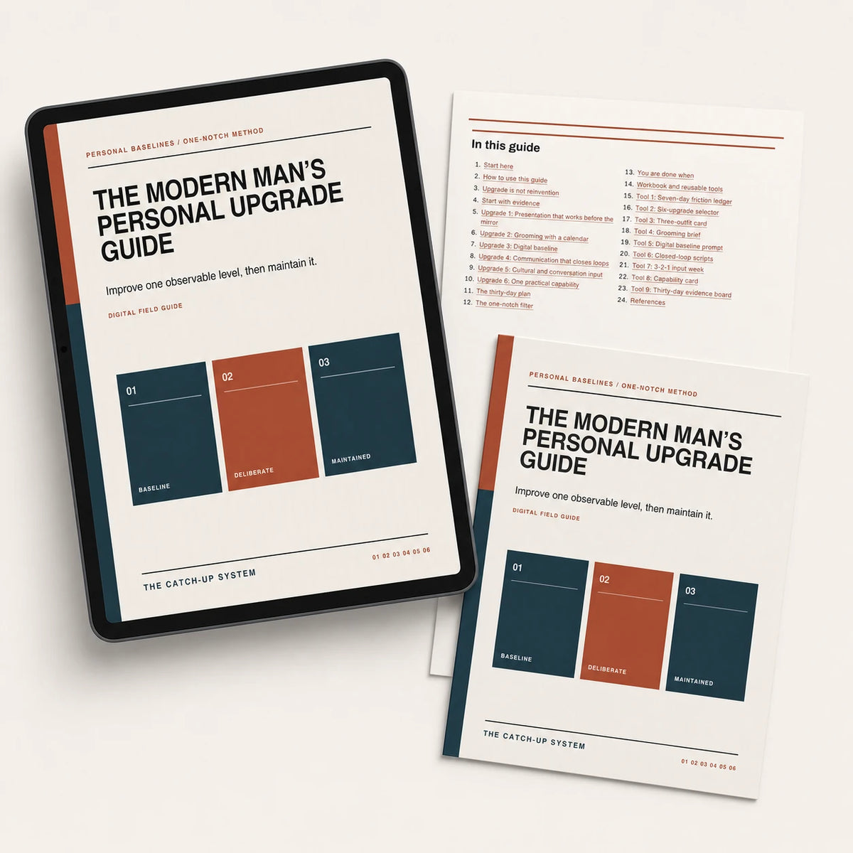 The Modern Man's Personal Upgrade Guide digital guide mockup with tablet, cover, and guide page.