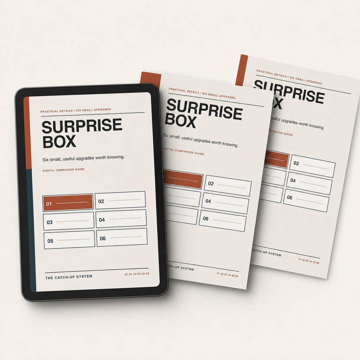 Surprise Box digital companion guide mockup with tablet and layered cover pages.