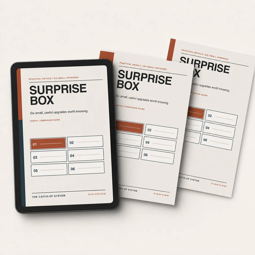 Surprise Box digital companion guide mockup with tablet and layered cover pages.