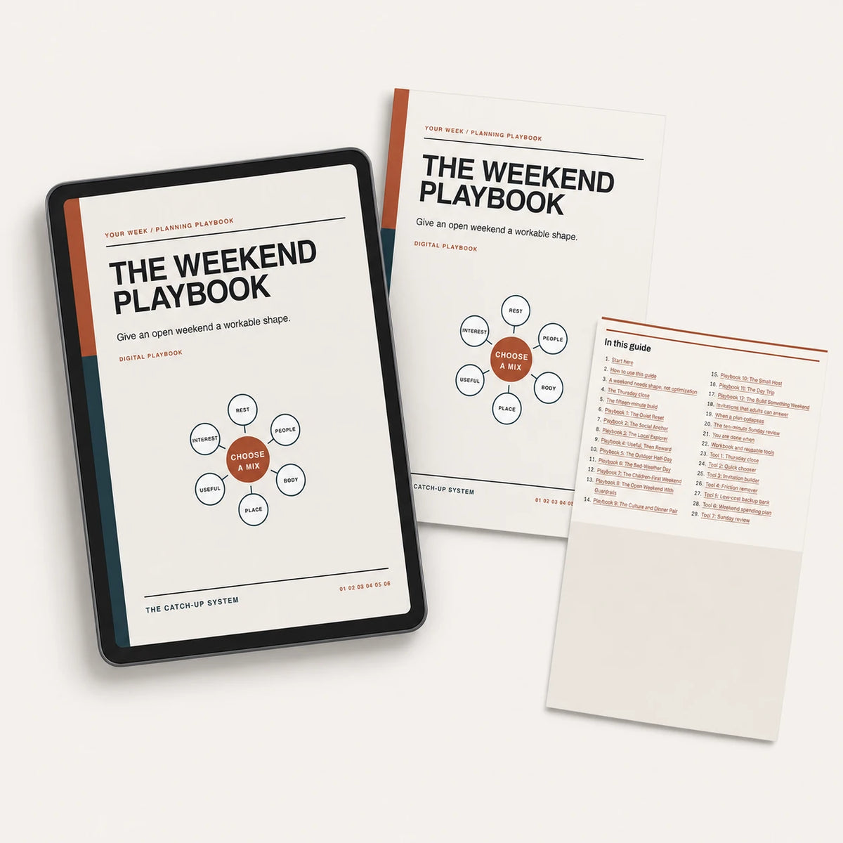 The Weekend Playbook digital guide mockup with tablet, cover, and guide page.